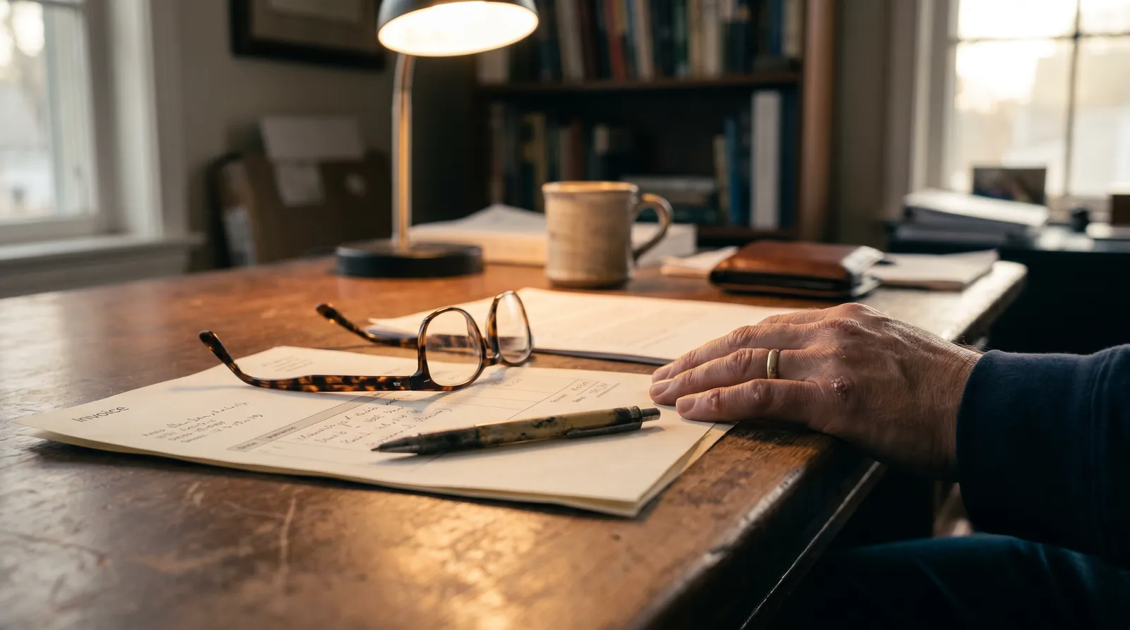 A printed quote and reading glasses on a desk under a warm task lamp, a hand resting beside it