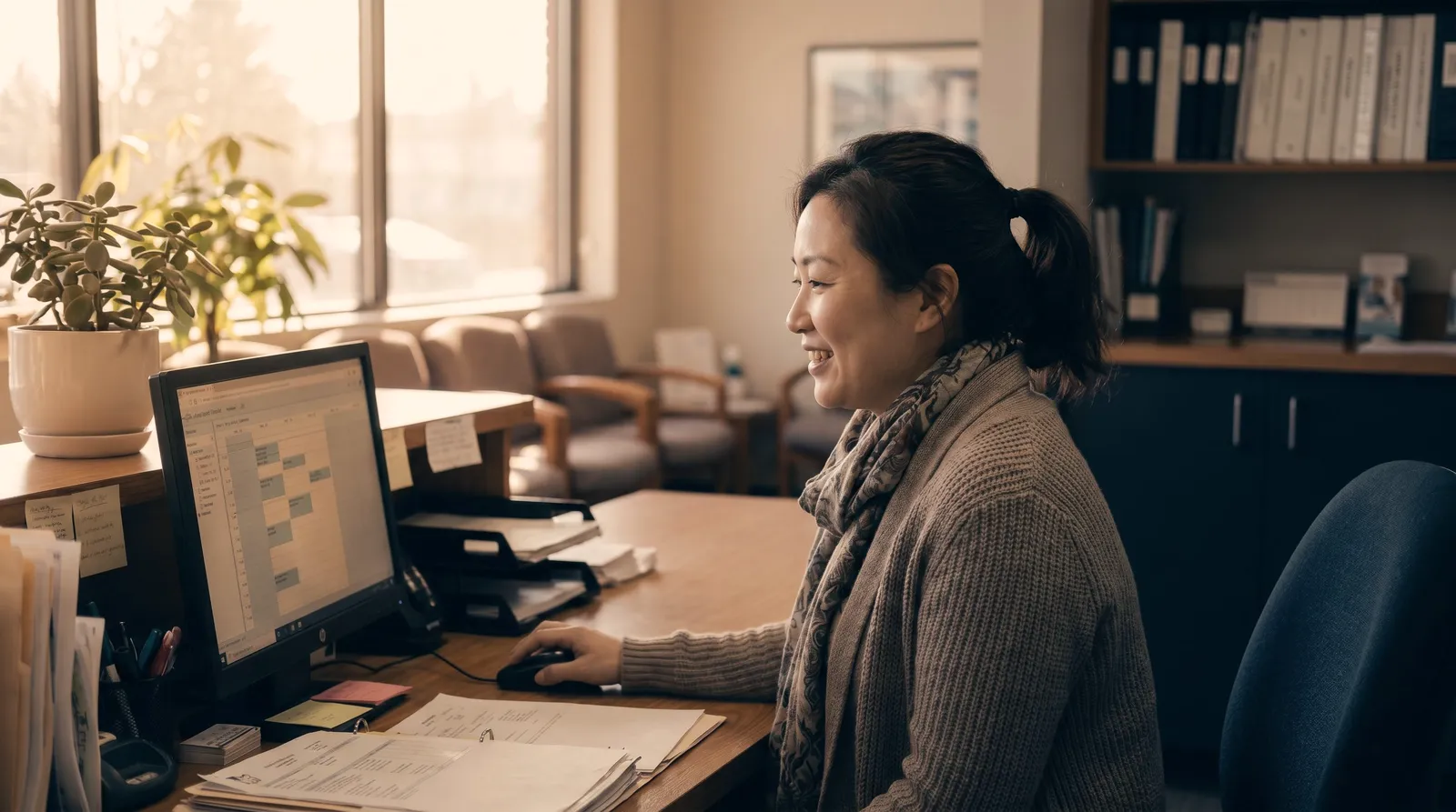 A dental front-desk coordinator working at the reception computer in a warmly lit office