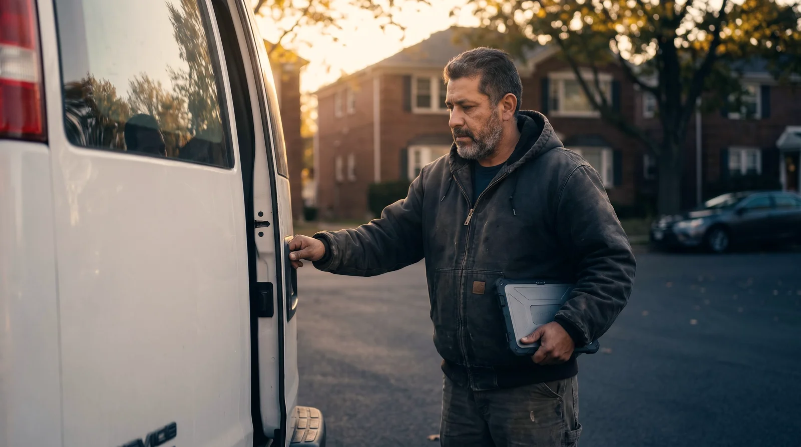 An HVAC technician at the back of a service van with a tablet, parked at a suburban curb in morning light