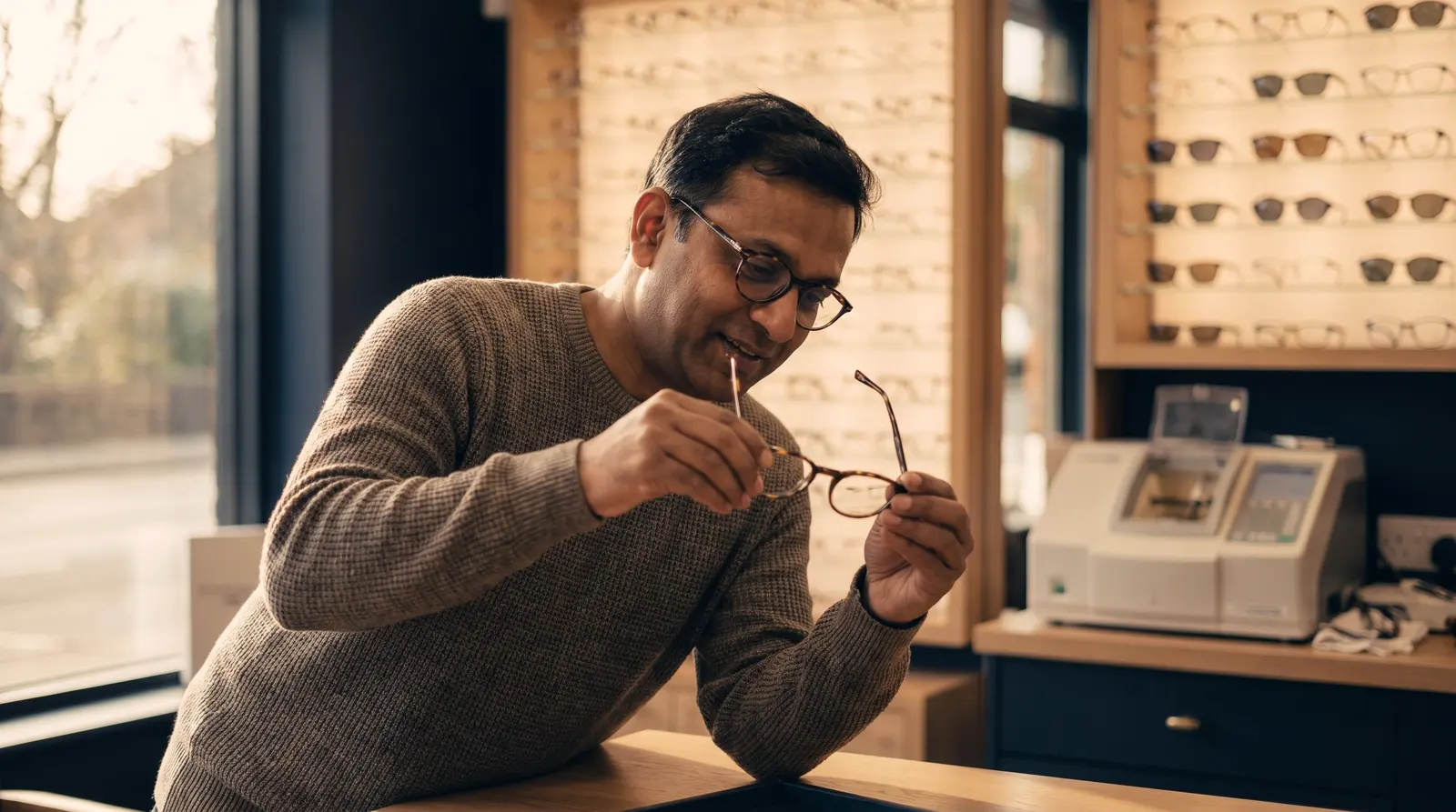 An optician adjusting a pair of glasses at the optical dispensary counter, with a wall of frame displays softly out of focus behind
