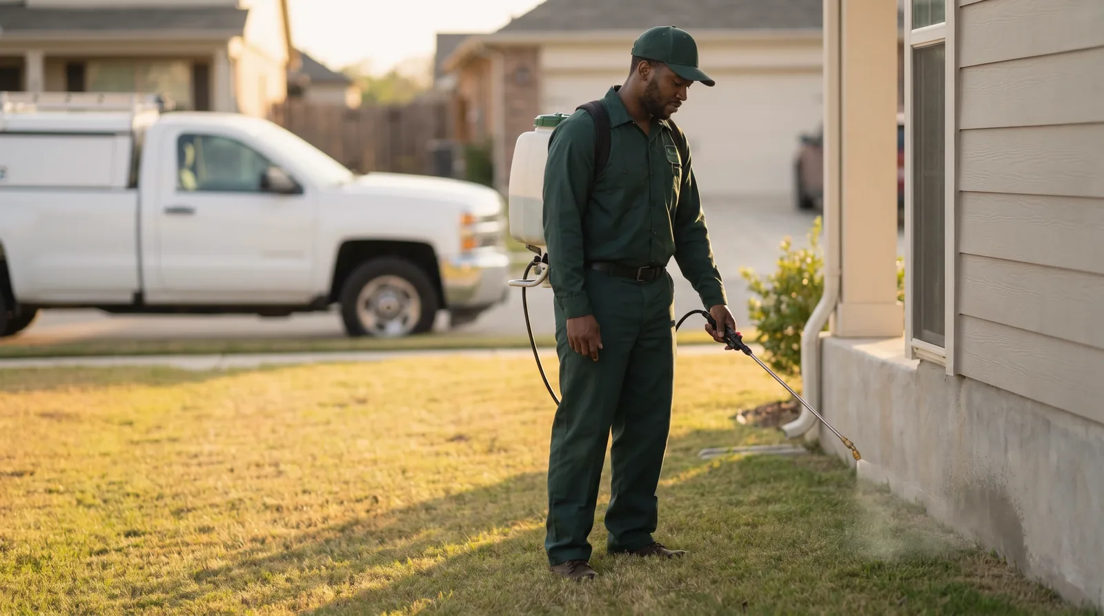 A pest control technician loading equipment into a service truck in a suburban driveway in morning light