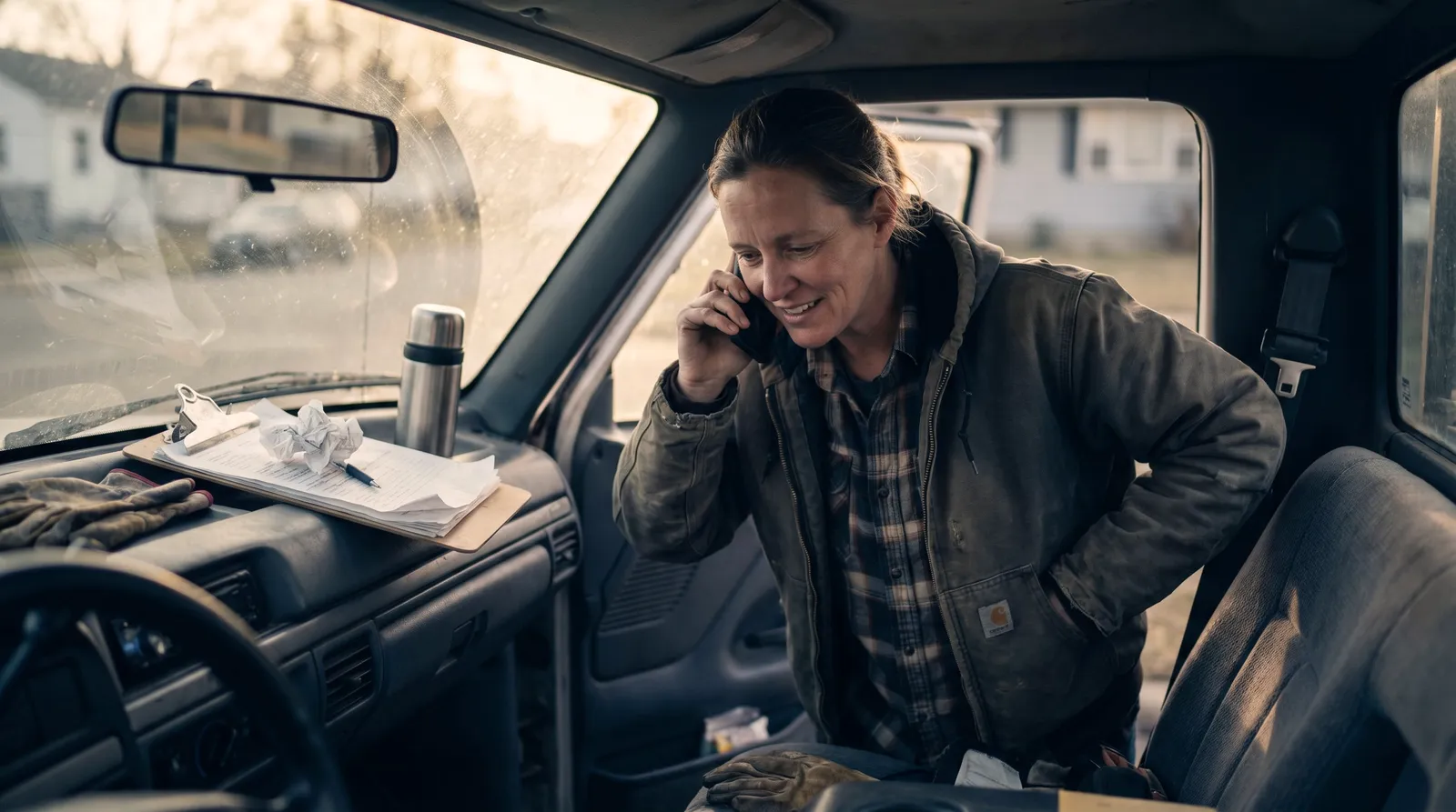 A plumber taking a phone call in a work truck cab with job paperwork on the dash