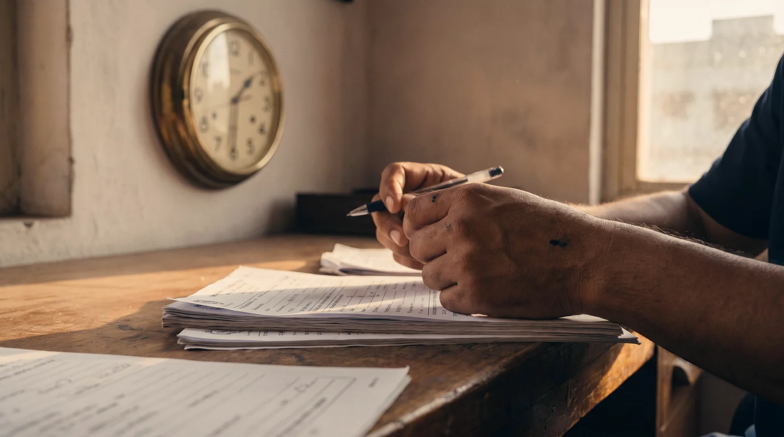 An owner working through a stack of paperwork at a desk beside a wall clock at the end of the day