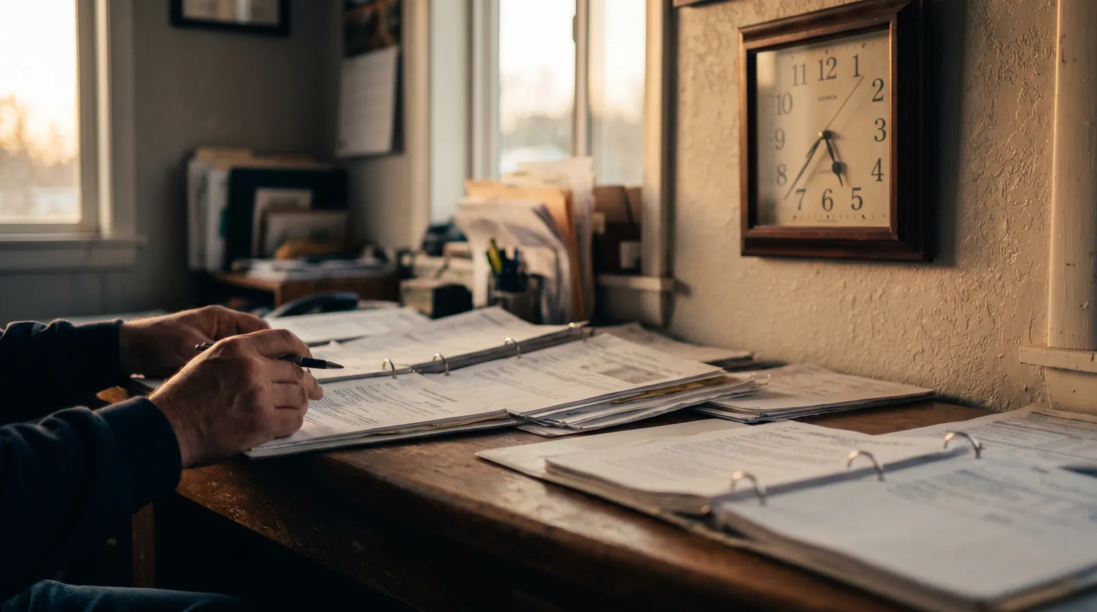 An owner working through a stack of paperwork at a desk beside a wall clock at the end of the day