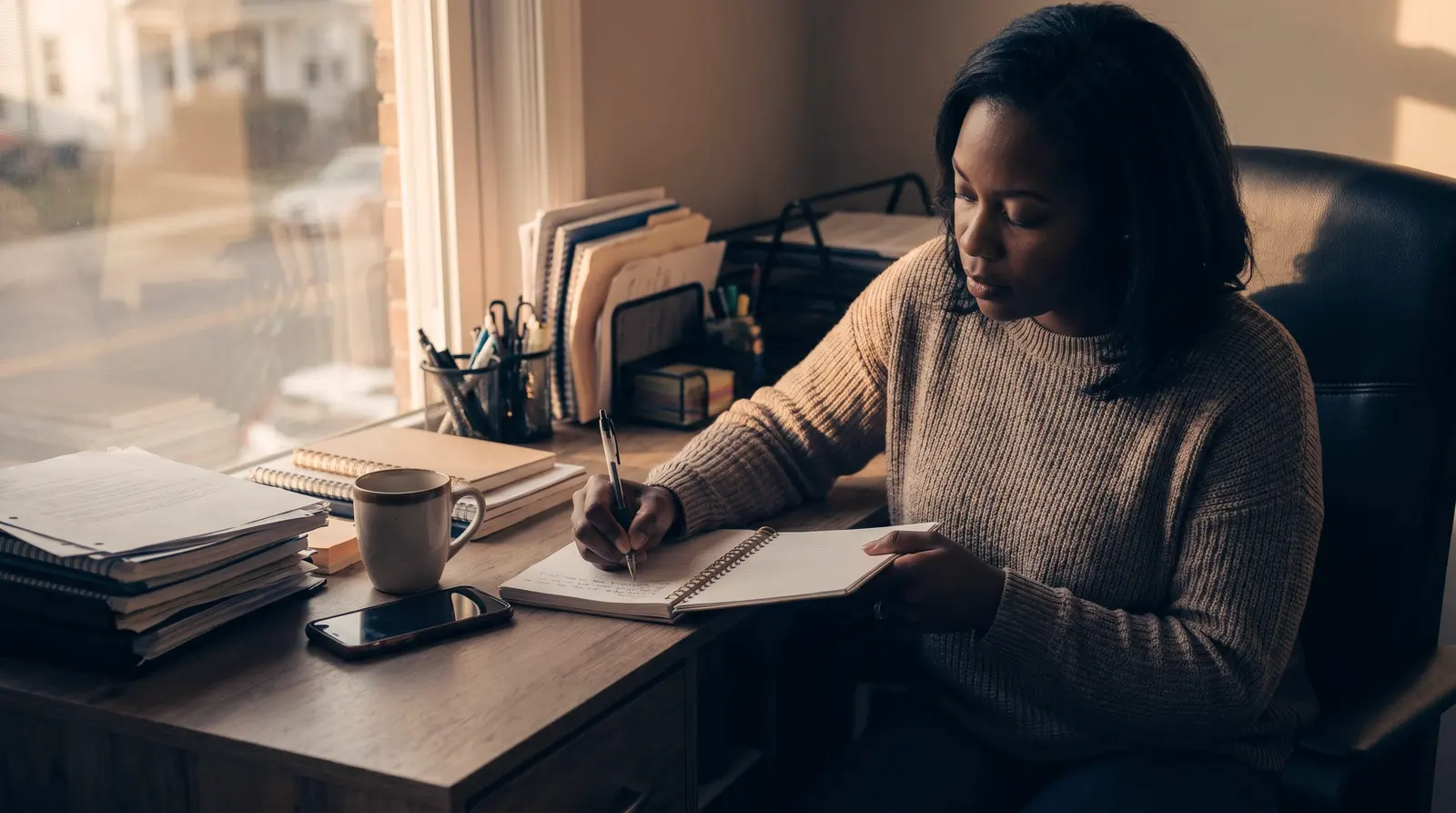 A small-business owner writing a list of repeat tasks by hand at their desk, late afternoon