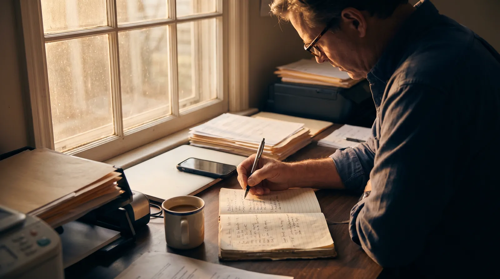 A small-business owner writing a list of repeat tasks by hand at their desk, late afternoon